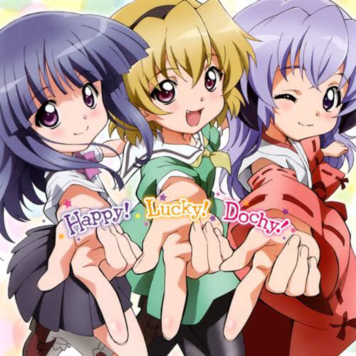 Cover lagu Rika (CV: Yukari Tamura), Satoko (CV: Mika Kanai), Hanyu (CV: Yui Horie) Happy! Lucky! Dochy! [Opening Higurashi no Naku Koro ni Kira] di Wallkpop